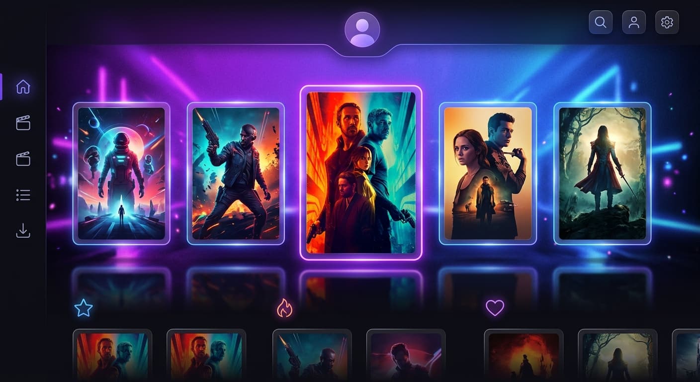 Interface escura de streaming de filmes com pôsteres e brilho roxo