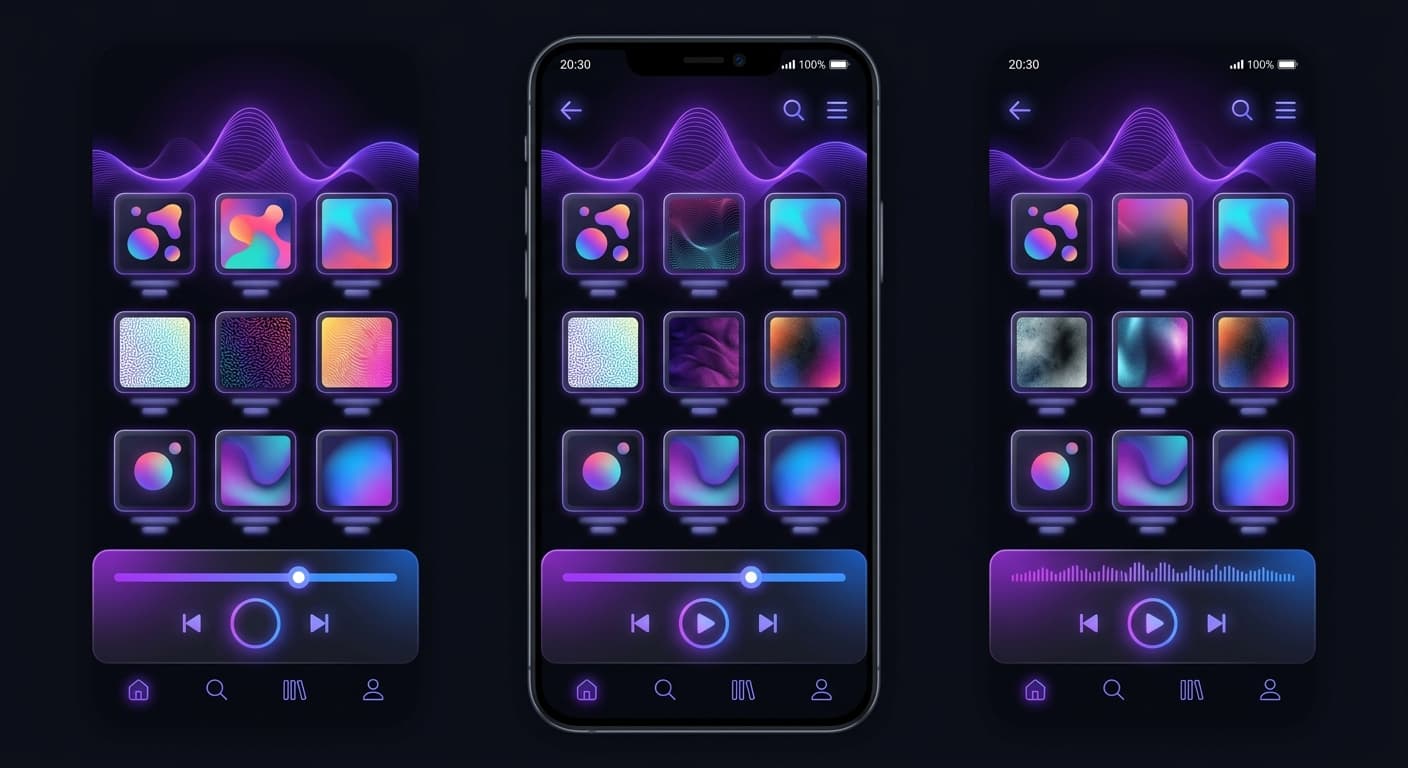 Interface escura de aplicativo de música com capas de álbuns e gradiente roxo