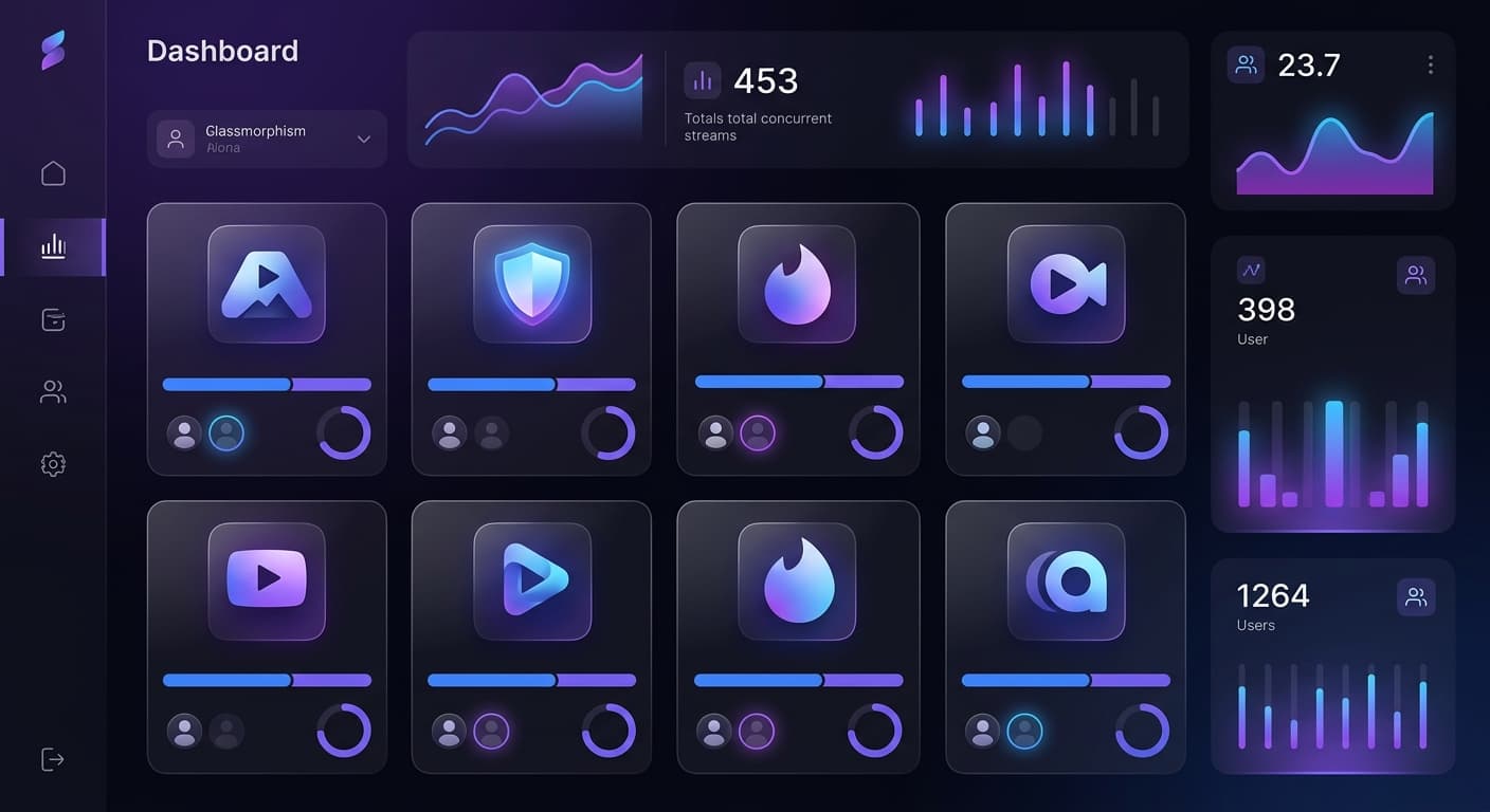 Painel escuro de controle das telas de streaming com gradiente roxo